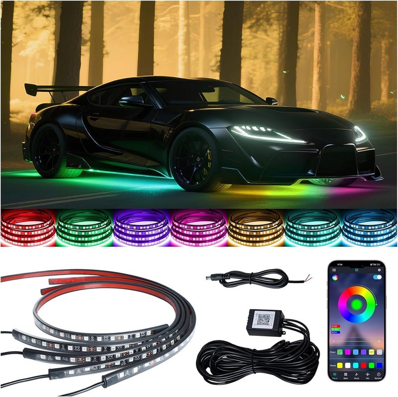 Ligrel Underglow LED Lights for Cars - 4PCS RGB Neon Light Kit with 252 LEDs, Bluetooth APP Control, 8 Colors/Music Sync, Waterproof PVC Strips for Cars, Trucks, SUVs - Image 1